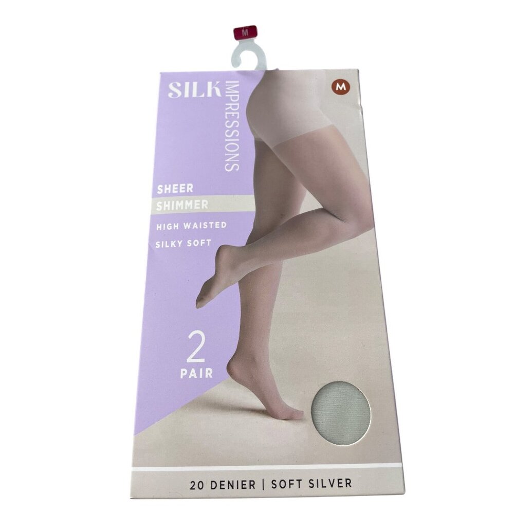 Silk Impressions Pantyhose Size Medium Shimmer Sheer Silver 2 Pair 20 Denier NEW